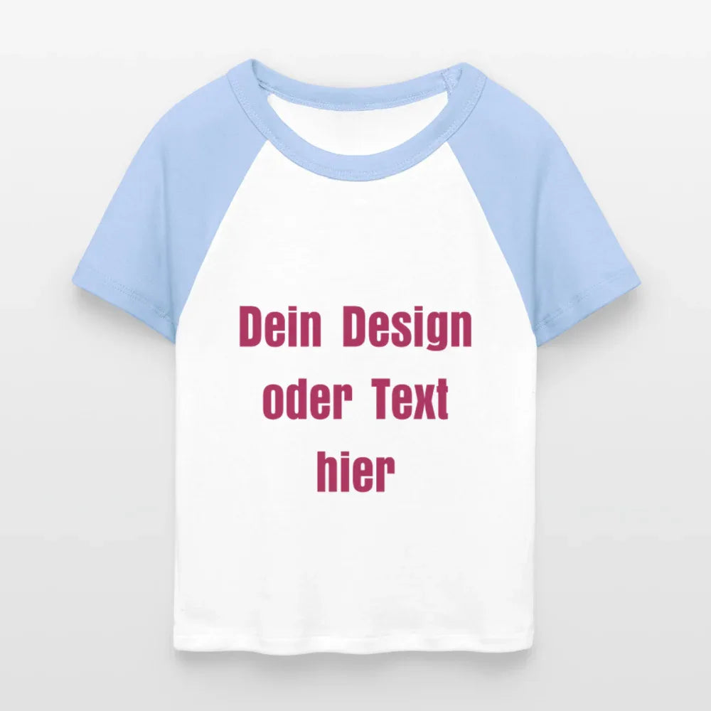Frauen Cropped Baseball T-Shirt - personalisierbare Vorder- und Rückseite - Weiß/Hellblau