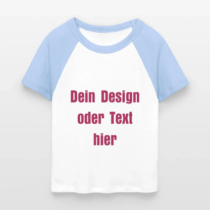 Frauen Cropped Baseball T-Shirt - personalisierbare Vorder- und Rückseite - Weiß/Hellblau