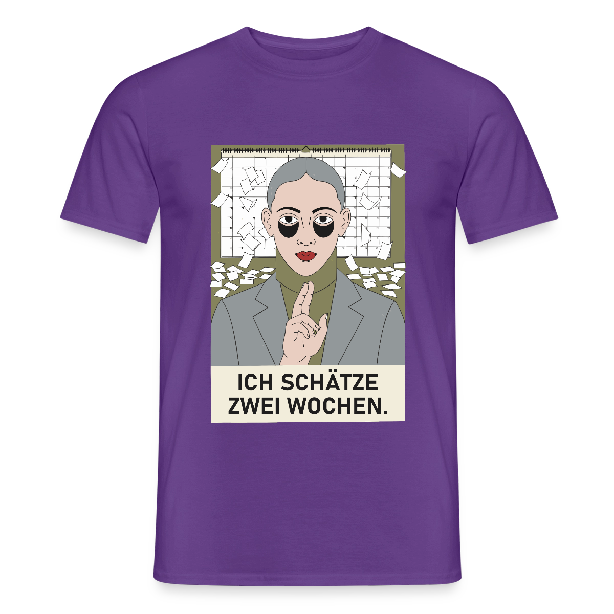 Ich schätze zwei Wochen. Porträt-Motiv Motiv-T-Shirt für Männer, Farbe Lila