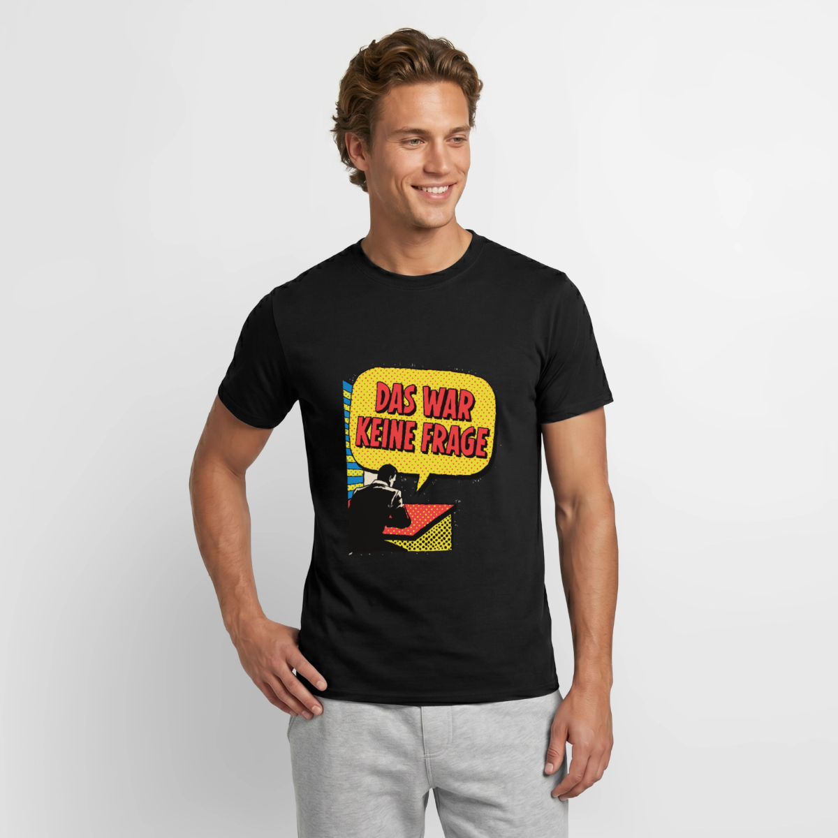 "Das war keine Frage. Popart-Motiv" Motiv-T-Shirt für Männer, Farbe Schwarz, Model