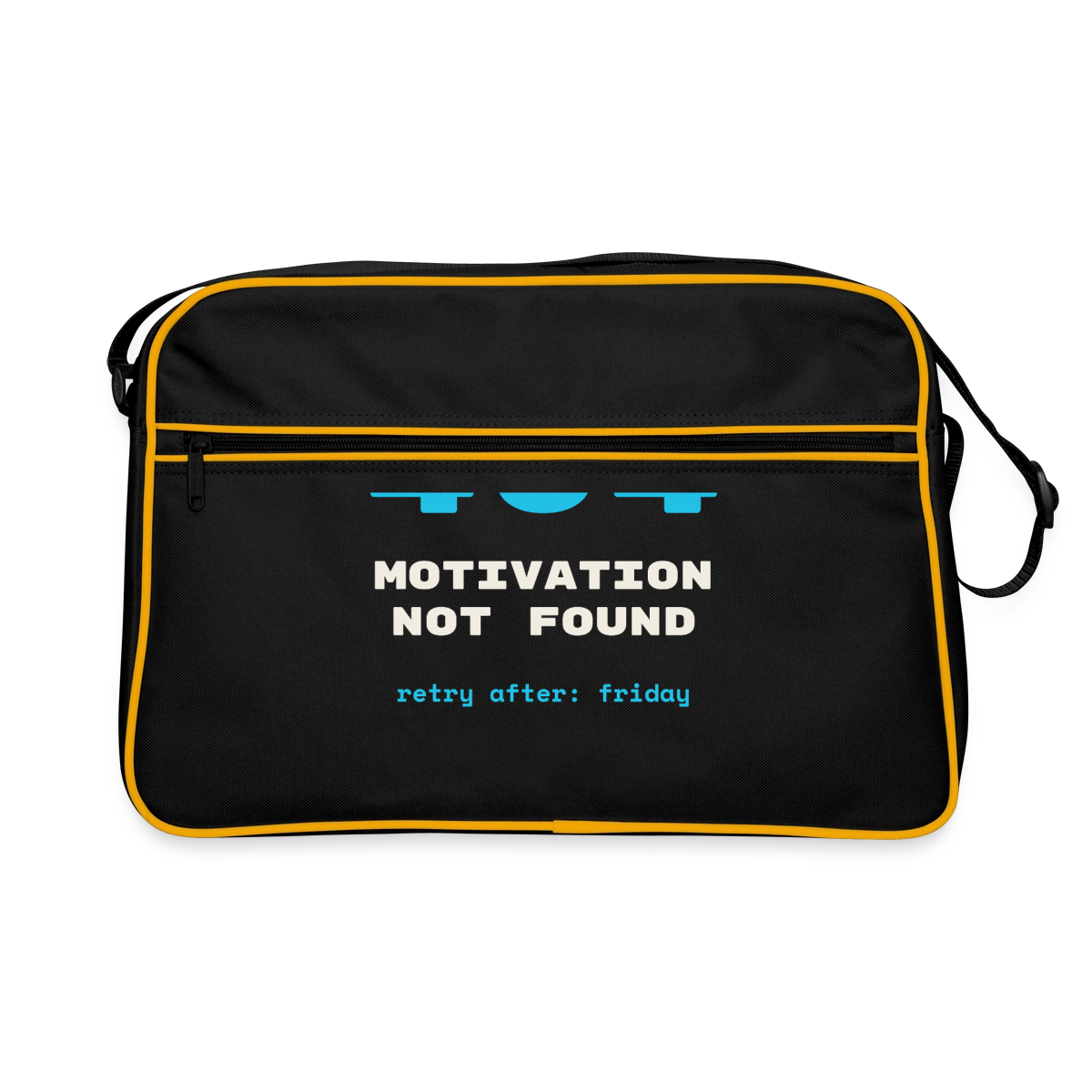"404 Motivation not found. Retry after: friday" Motiv-Retro-Tasche, Farbe Schwarz/Gold