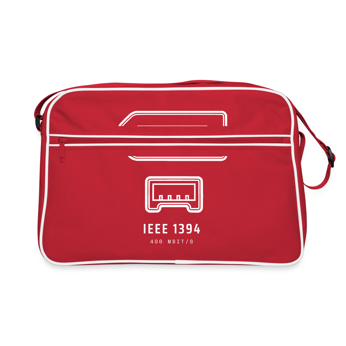 "IEEE 1394, 400 Mbit/s" Motiv-Retro-Tasche, Farbe Rot/Weiß