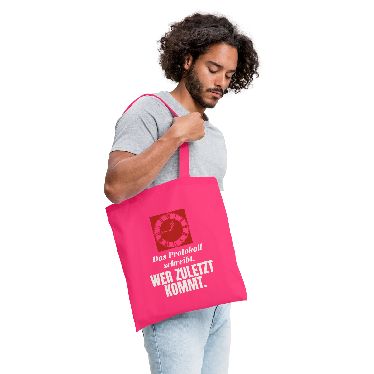Das Protokoll schreibt, wer zuletzt kommt. Stoffbeutel, Farbe Azalea, Model