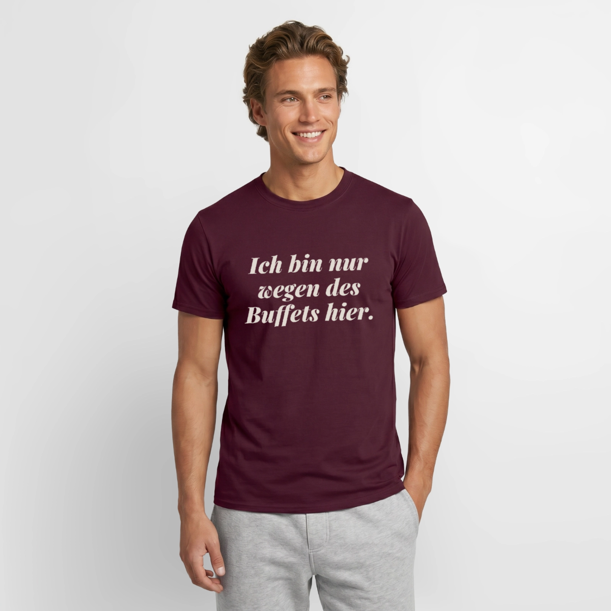 "Ich bin nur wegen des Buffets hier." Motiv-T-Shirt für Männer, Farbe Ziegelrot