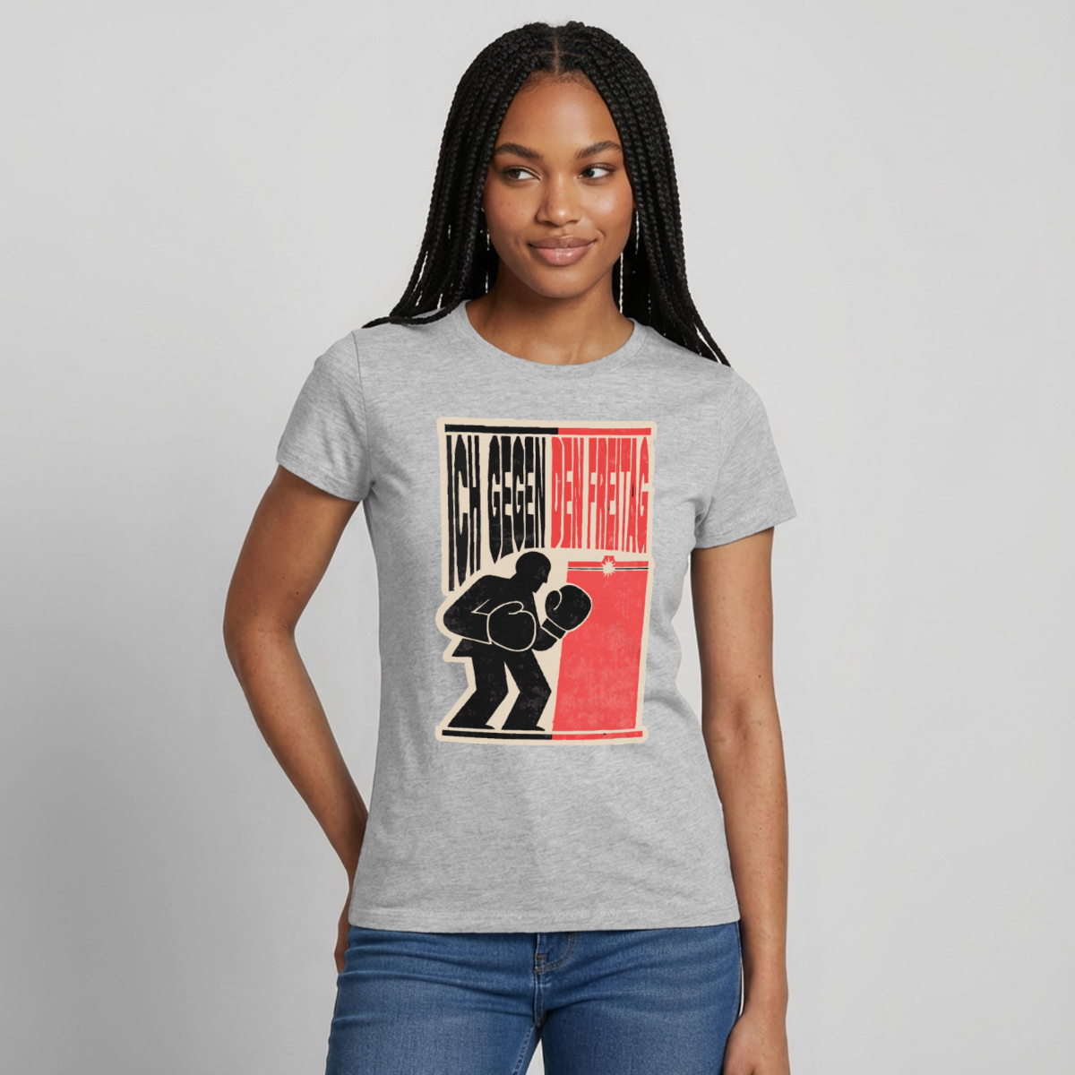 "Ich gegen den Freitag. Boxplakat-Motiv" Motiv-T-Shirt für Frauen, Farbe Grau meliert