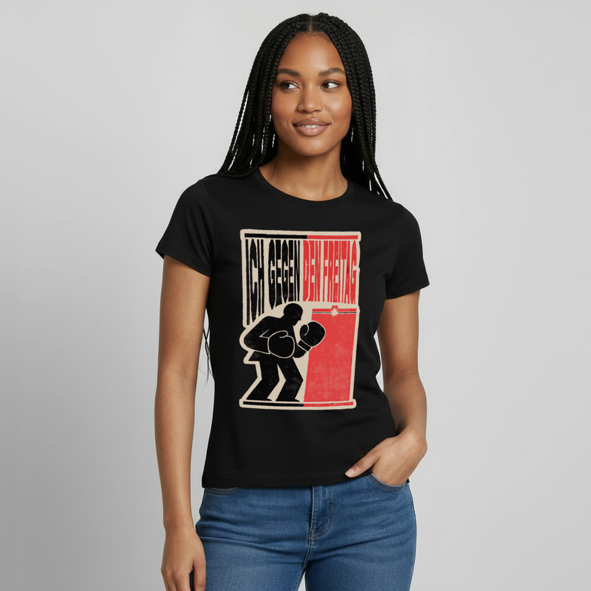 "Ich gegen den Freitag. Boxplakat-Motiv" Motiv-T-Shirt für Frauen, Farbe Schwarz