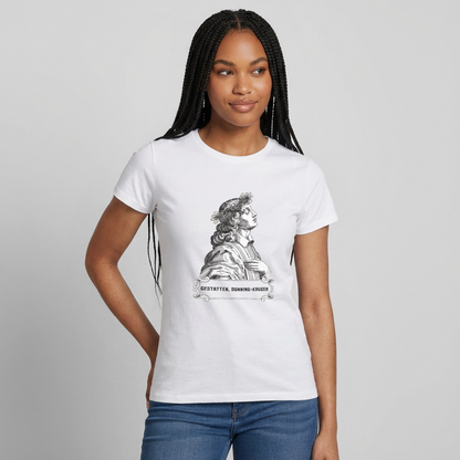 "Gestatten, Dunning-Kruger. Kupferstich-Motiv" Motiv-T-Shirt für Frauen, Farbe Weiß
