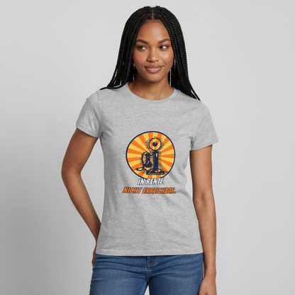 "In Rente. Nicht erreichbar. Comic-Motiv" Motiv-T-Shirt für Frauen, Farbe Grau meliert