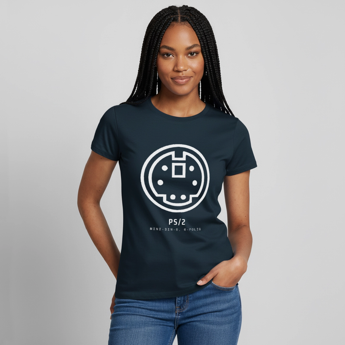"PS/2, Mini-DIN-6" Motiv-T-Shirt für Frauen, Farbe Navy