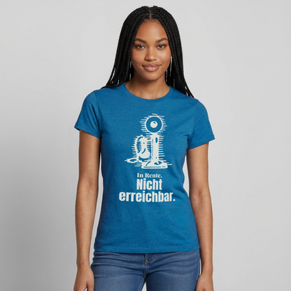 "In Rente. Nicht erreichbar. Strichzeichnung" Motiv-T-Shirt für Frauen, Farbe Antikblaues Saphir meliert