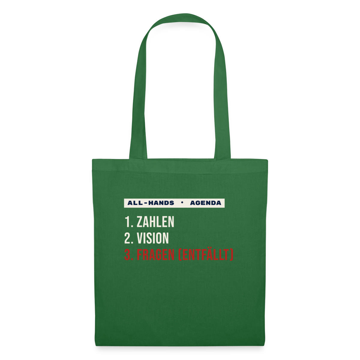 All-Hands-Agenda: 1 Zahlen, 2 Vision, 3 Fragen (entfällt) Stoffbeutel, Farbe Fichte