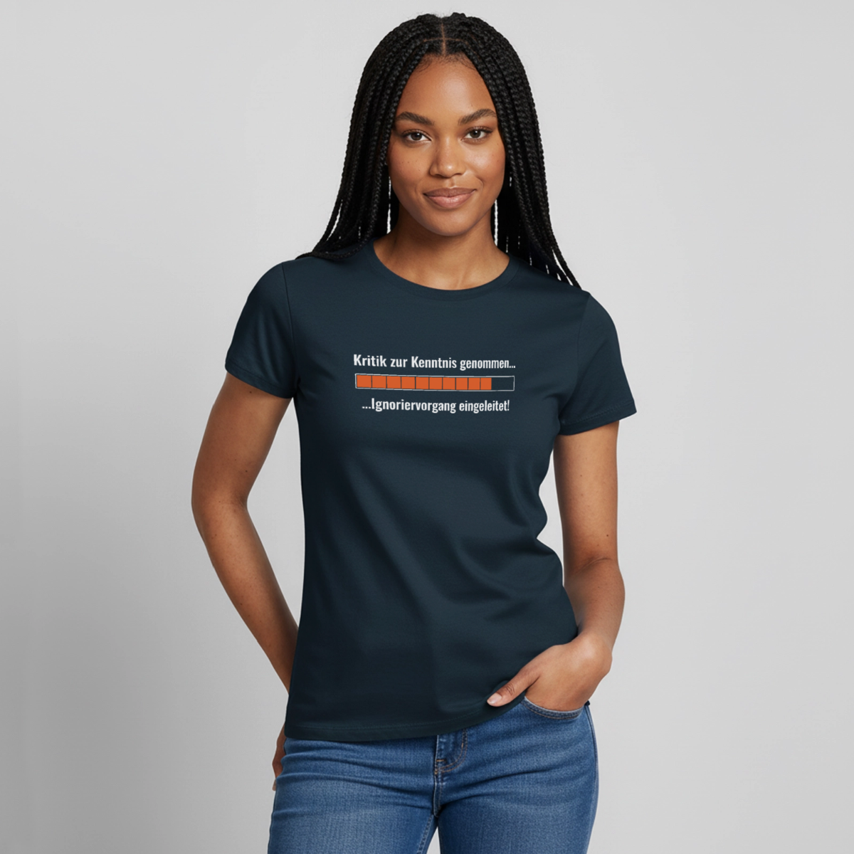 Kritik zur Kenntnis genommen. Ladebalken-Motiv Motiv-T-Shirt für Frauen, Farbe Navy, Model