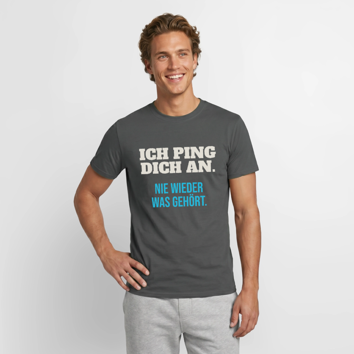 "Ich ping dich an. Nie wieder was gehört." Motiv-T-Shirt für Männer, Farbe Anthrazit