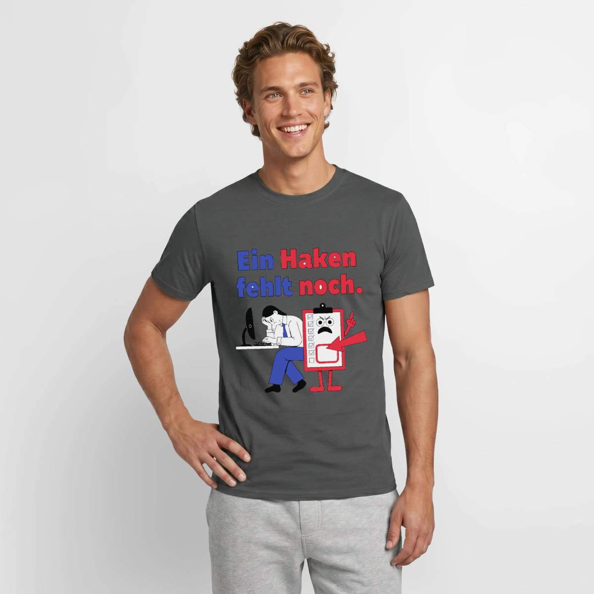 "Ein Haken fehlt noch. Klemmbrett-Motiv" Motiv-T-Shirt für Männer, Farbe Anthrazit