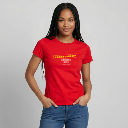 "Fristgerecht seit neunzehn Jahren. Gern geschehen." Motiv-T-Shirt für Frauen, Farbe Rot