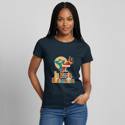In Rente. Nicht erreichbar. Midcentury-Motiv Motiv-T-Shirt für Frauen, Farbe Navy, Model
