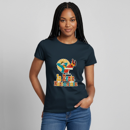 In Rente. Nicht erreichbar. Midcentury-Motiv Motiv-T-Shirt für Frauen, Farbe Navy, Model