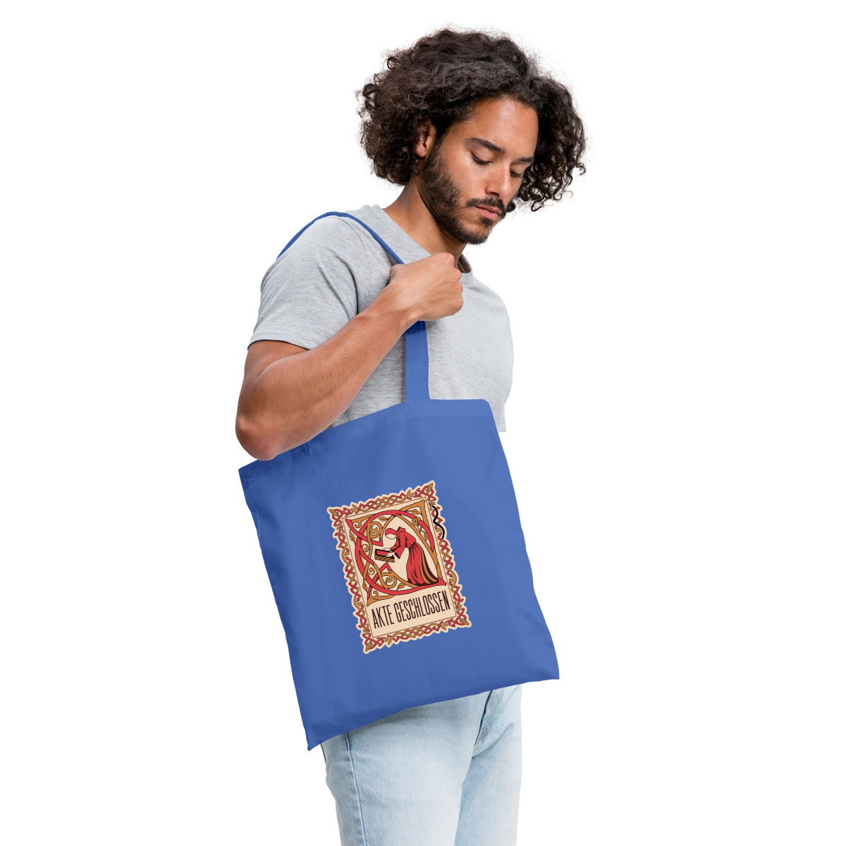 "Akte geschlossen. Buchmalerei-Motiv" Stoffbeutel, Farbe Hellblau