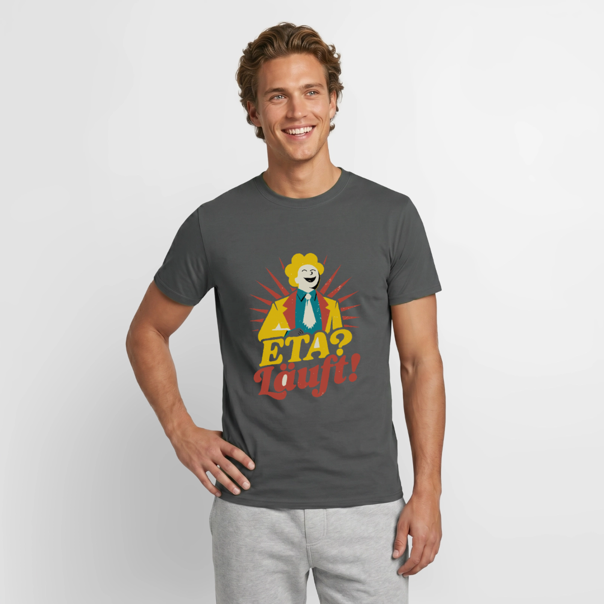 "ETA? Läuft! Midcentury-Motiv" Motiv-T-Shirt für Männer, Farbe Anthrazit
