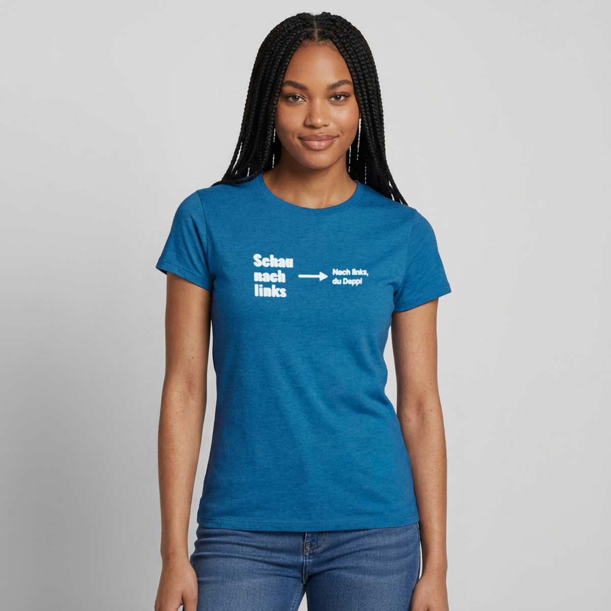 Schau nach links. Motiv-T-Shirt für Frauen, Farbe Antikblaues Saphir meliert, Model