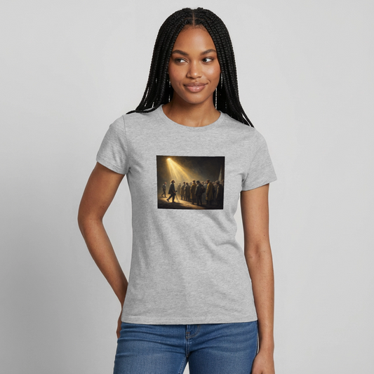 Das Teamfoto. Renaissance-Motiv Motiv-T-Shirt für Frauen, Farbe Grau meliert, Model