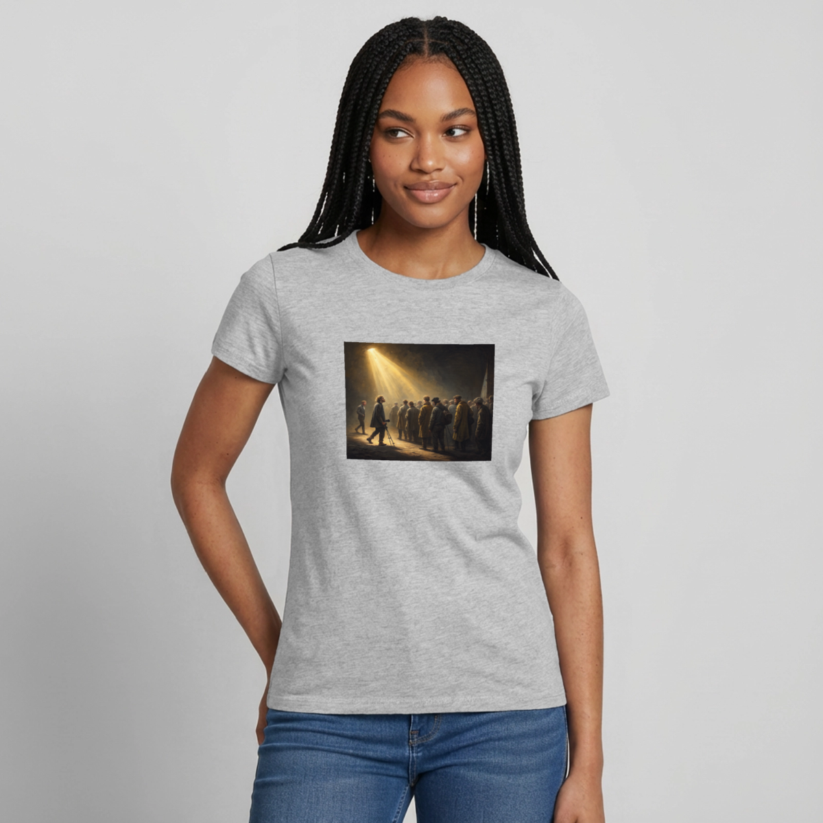 Das Teamfoto. Renaissance-Motiv Motiv-T-Shirt für Frauen, Farbe Grau meliert, Model