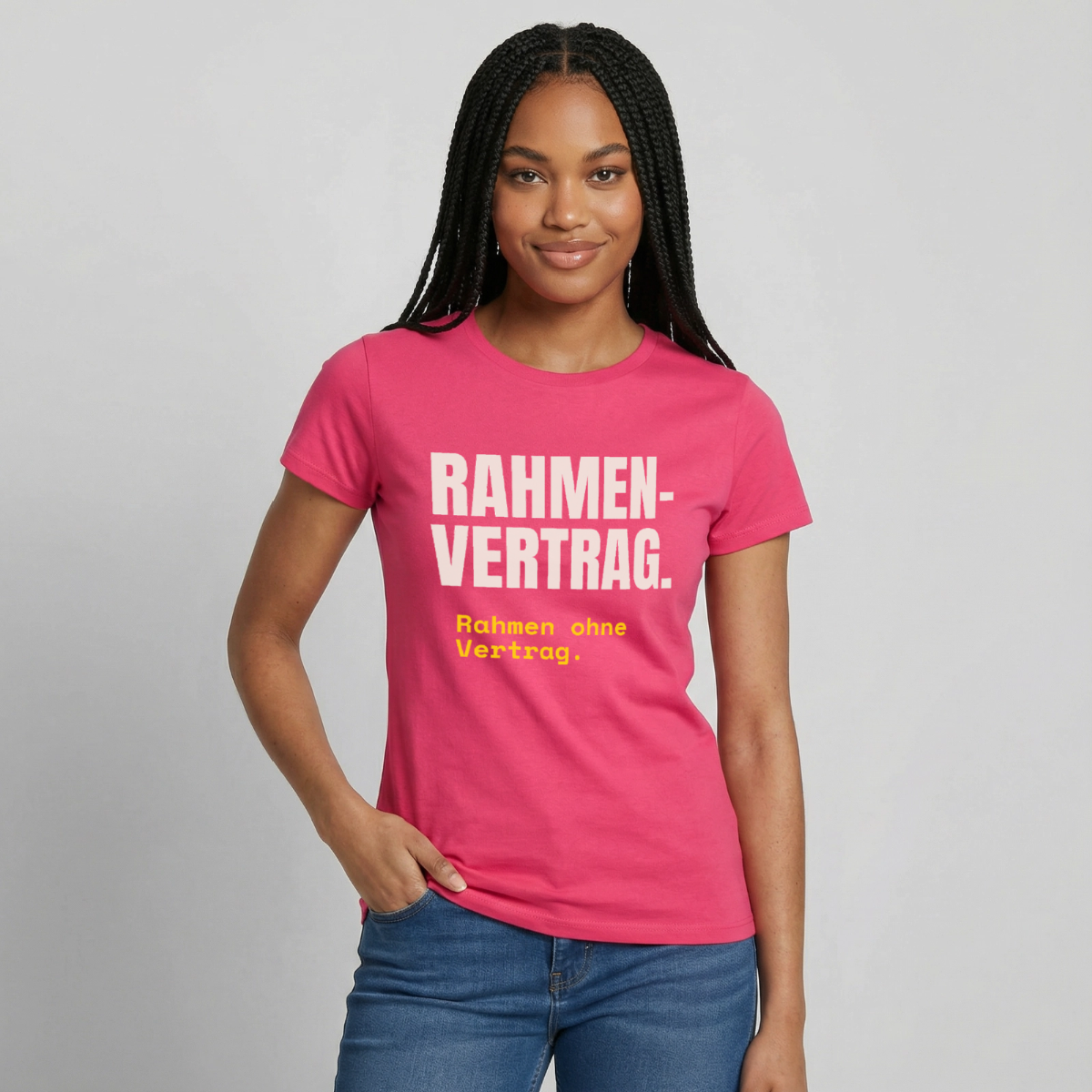 "Rahmenvertrag. Rahmen ohne Vertrag." Motiv-T-Shirt für Frauen, Farbe Azalea