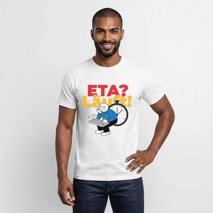 "ETA? Läuft! Strichfiguren-Motiv" Motiv-T-Shirt für Männer, Farbe Weiß