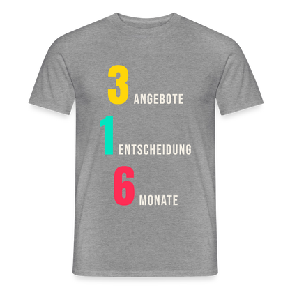 "3 Angebote. 1 Entscheidung. 6 Monate." Motiv-T-Shirt für Männer, Farbe Graphit meliert