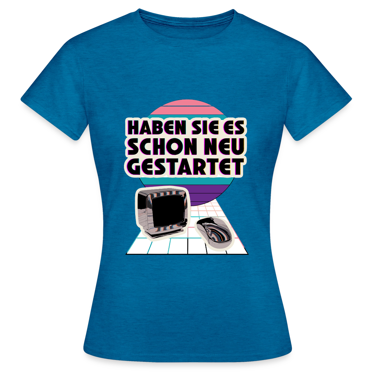 Haben Sie es schon neu gestartet? Vaporwave-Motiv Motiv-T-Shirt für Frauen, Farbe Antikblaues Saphir meliert