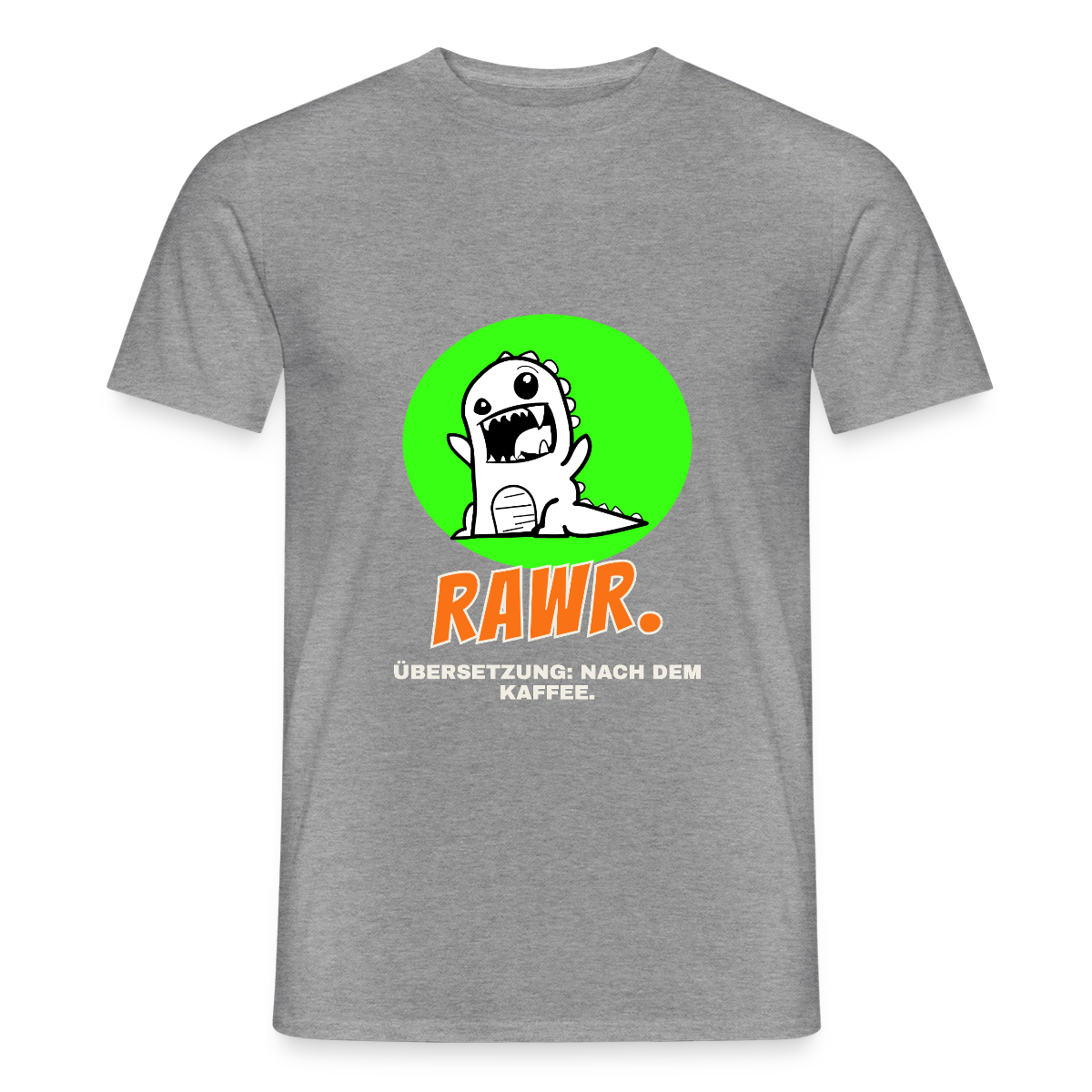 "Rawr. Übersetzung: nach dem Kaffee. Sticker-Motiv" Motiv-T-Shirt für Männer, Farbe Graphit meliert