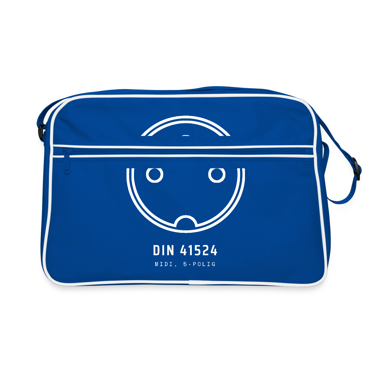 "DIN 41524, MIDI 5-polig" Motiv-Retro-Tasche, Farbe Blau/Weiß