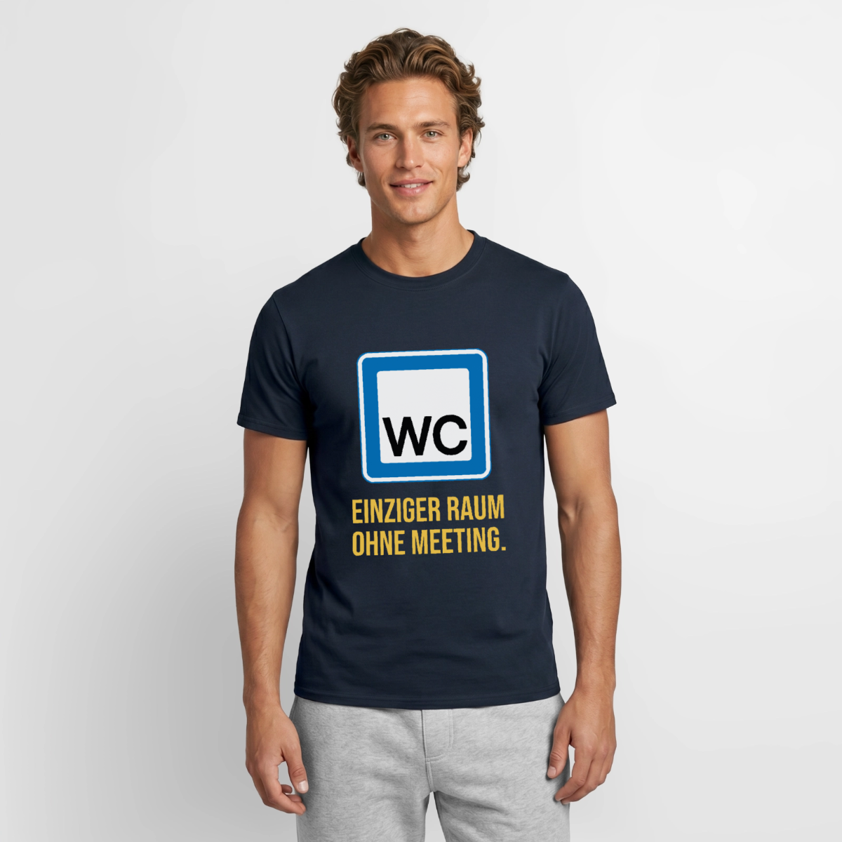 "WC: einziger Raum ohne Meeting. Schild-Motiv" Motiv-T-Shirt für Männer, Farbe Navy