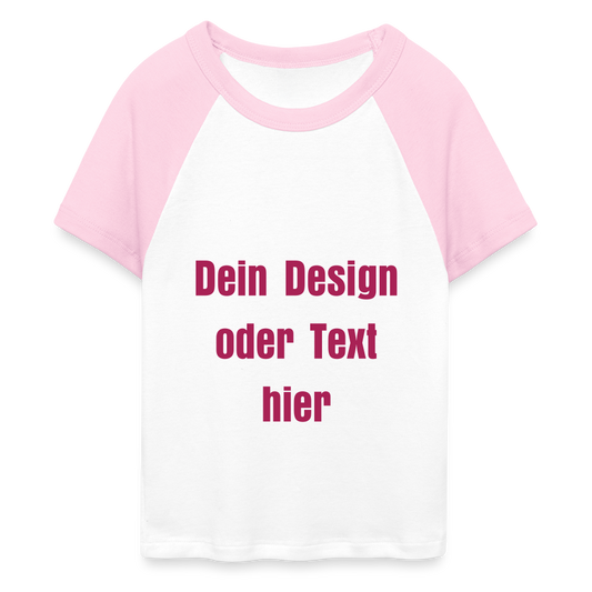 Frauen Cropped Baseball T-Shirt - personalisierbare Vorder- und Rückseite - Weiß/Pink