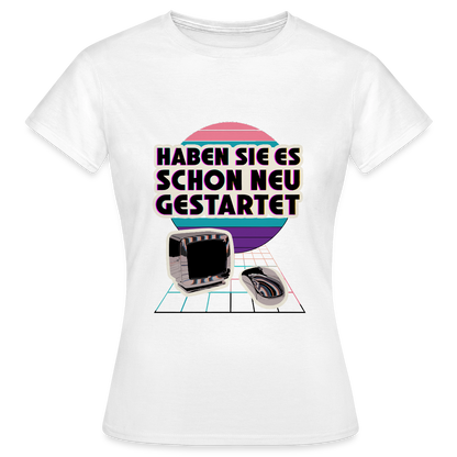 Haben Sie es schon neu gestartet? Vaporwave-Motiv Motiv-T-Shirt für Frauen, Farbe Weiß