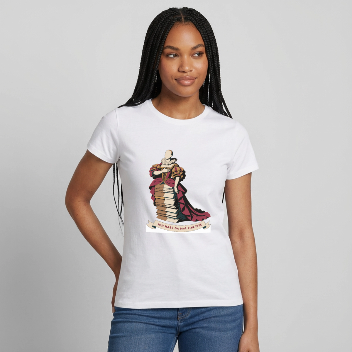 "Ich habe da mal eine Idee. Barock-Motiv" Motiv-T-Shirt für Frauen, Farbe Weiß