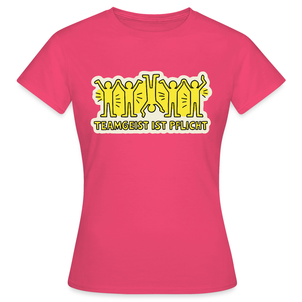 Teamgeist ist Pflicht. Pop-Art-Motiv Motiv-T-Shirt für Frauen, Farbe Azalea