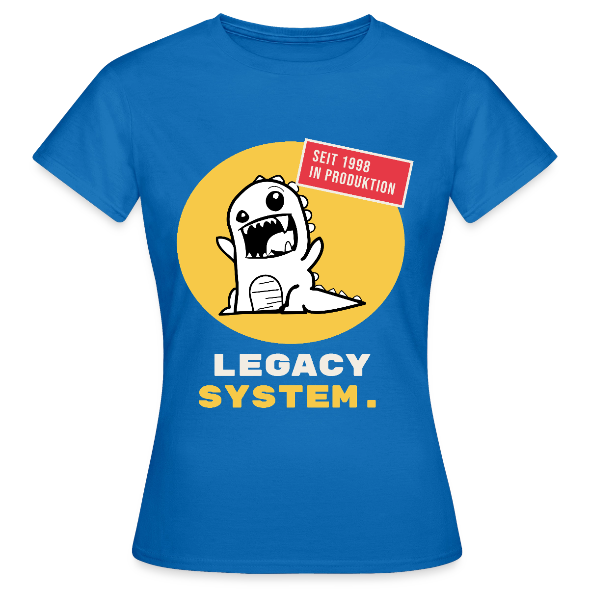 Legacy System. Seit 1998 in Produktion. Motiv-T-Shirt für Frauen, Farbe Royalblau