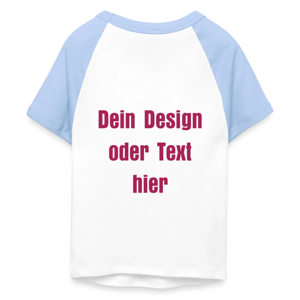 Frauen Cropped Baseball T-Shirt - personalisierbare Vorder- und Rückseite - Weiß/Hellblau