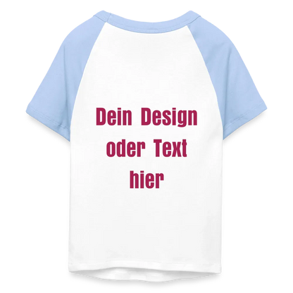 Frauen Cropped Baseball T-Shirt - personalisierbare Vorder- und Rückseite - Weiß/Hellblau