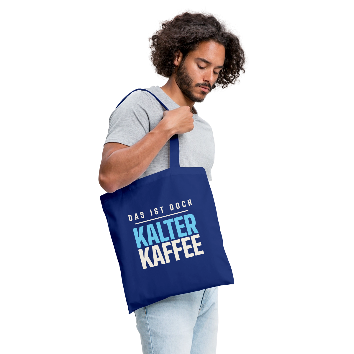 Das ist doch kalter Kaffee. Plakat-Motiv Stoffbeutel, Farbe Royalblau, Model