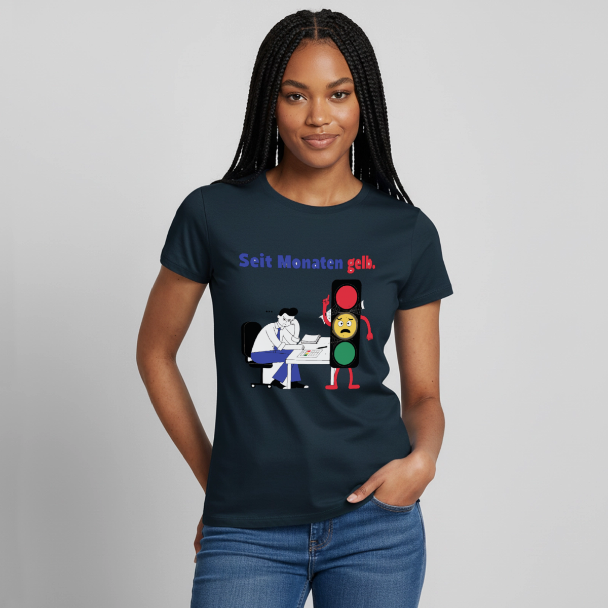 "Seit Monaten gelb. Ampel-Motiv" Motiv-T-Shirt für Frauen, Farbe Navy