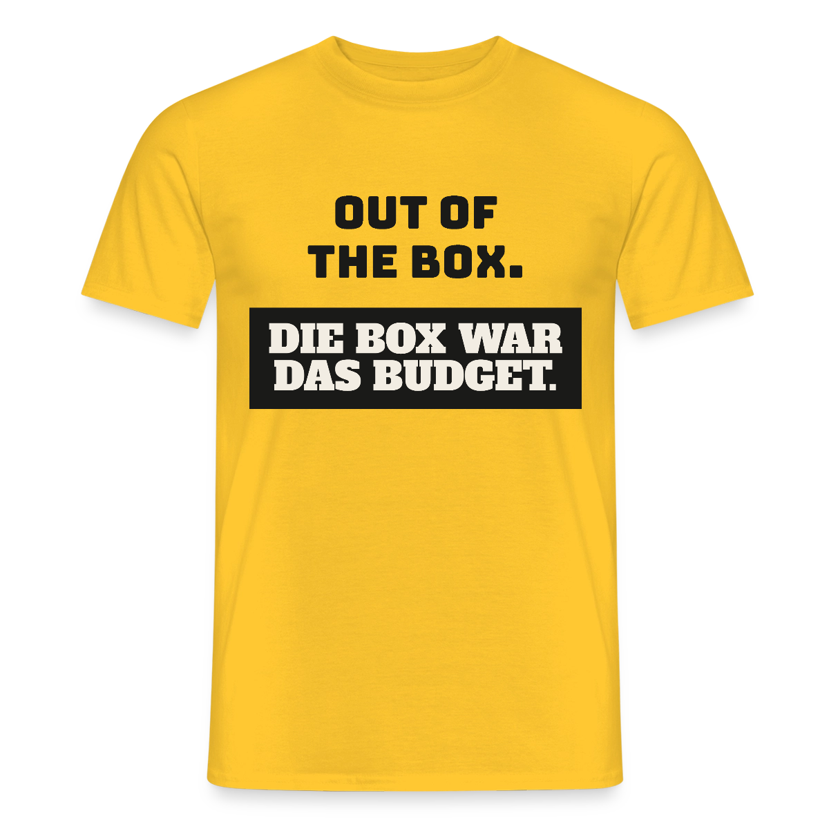 Out of the Box. Die Box war das Budget. Motiv-T-Shirt für Männer, Farbe Gelb