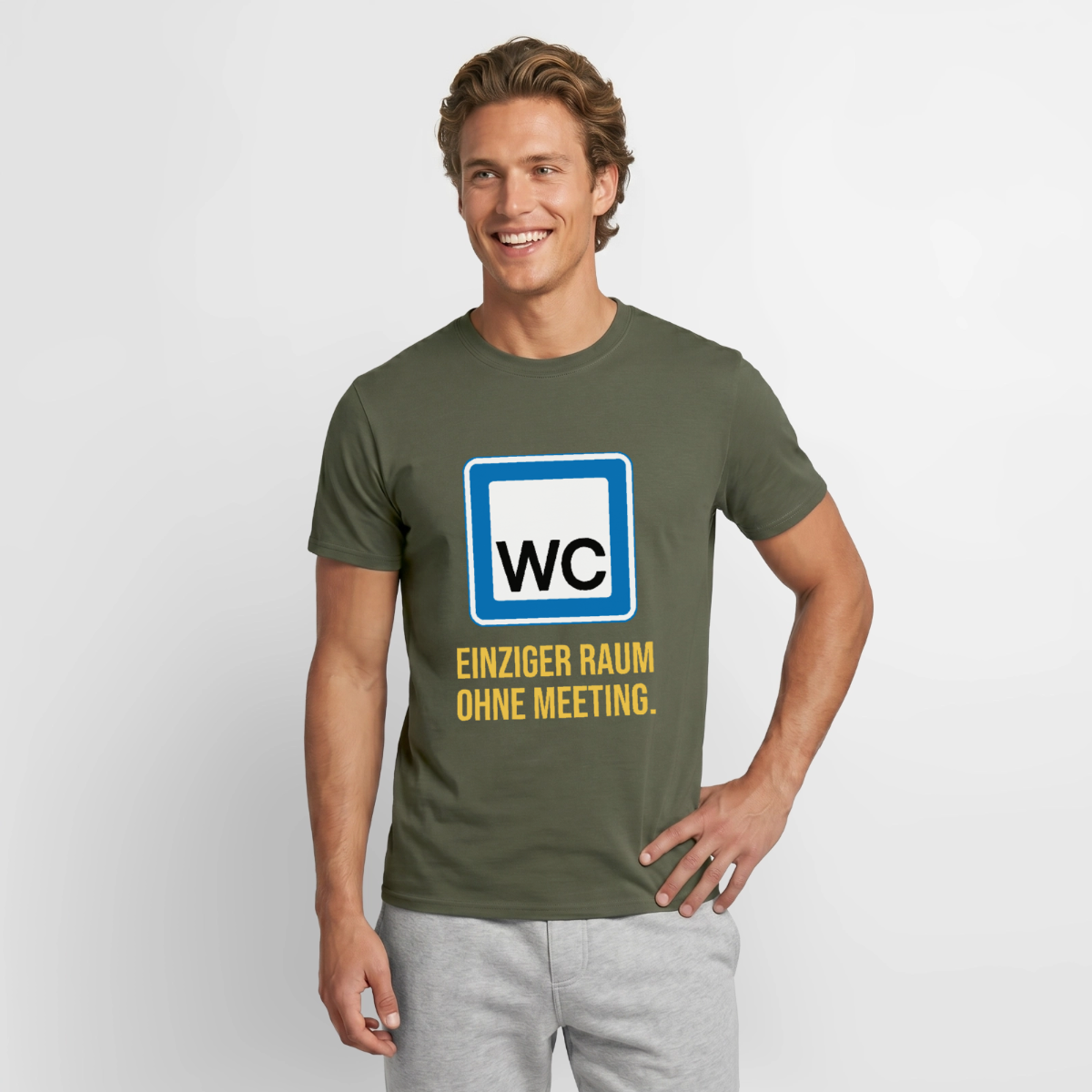"WC: einziger Raum ohne Meeting. Schild-Motiv" Motiv-T-Shirt für Männer, Farbe Militärgrün