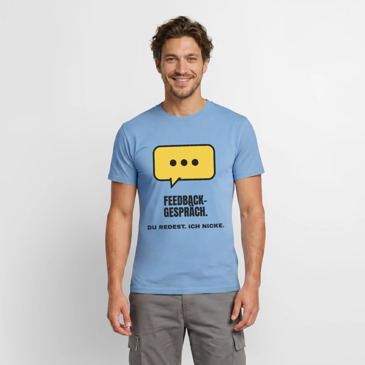 Feedbackgespräch. Du redest. Ich nicke. Motiv-T-Shirt für Männer, Farbe Carolina Blue, Model