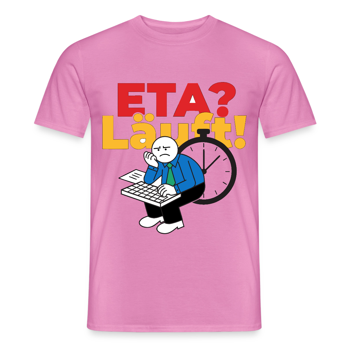 "ETA? Läuft! Strichfiguren-Motiv" Motiv-T-Shirt für Männer, Farbe Pink