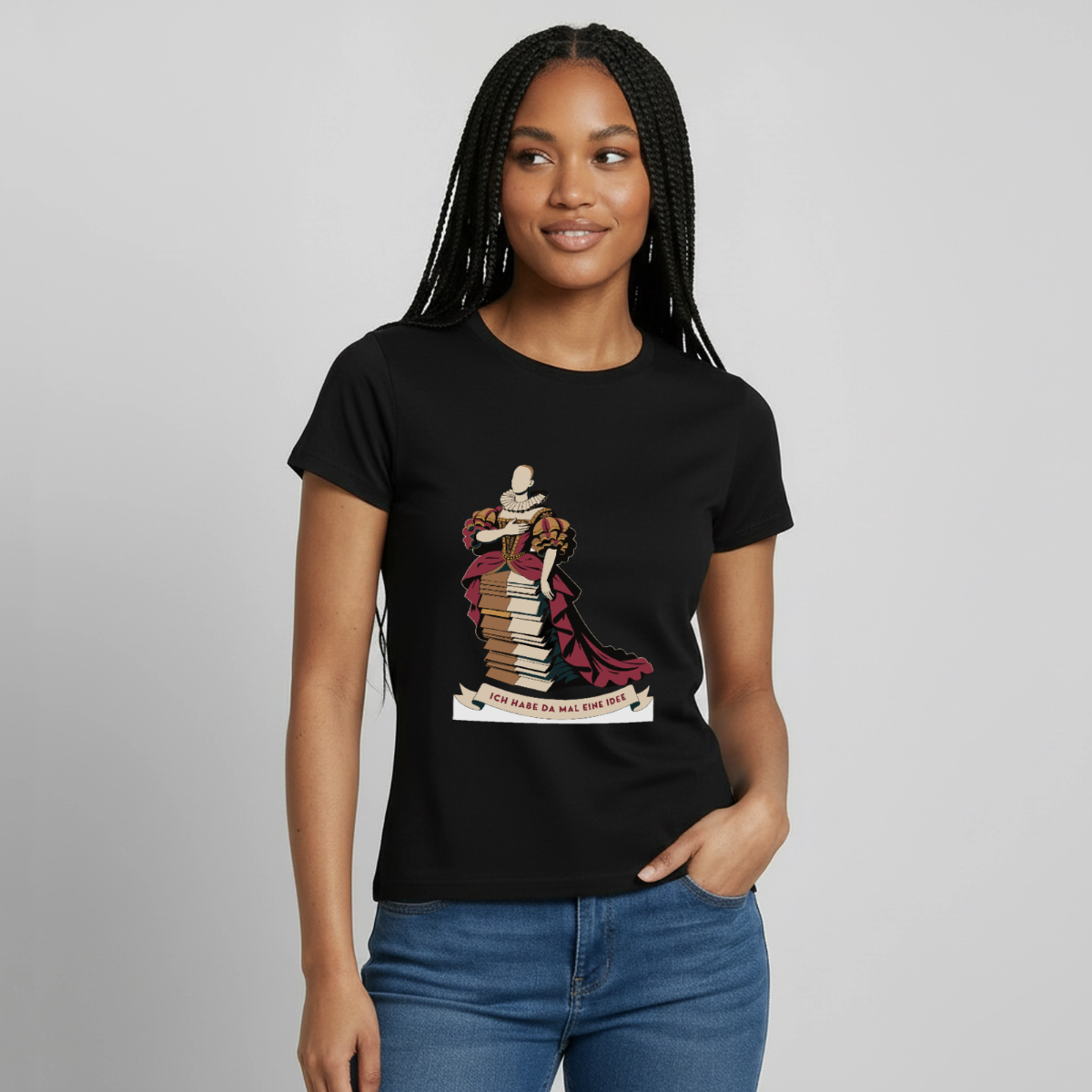 "Ich habe da mal eine Idee. Barock-Motiv" Motiv-T-Shirt für Frauen, Farbe Schwarz, Model
