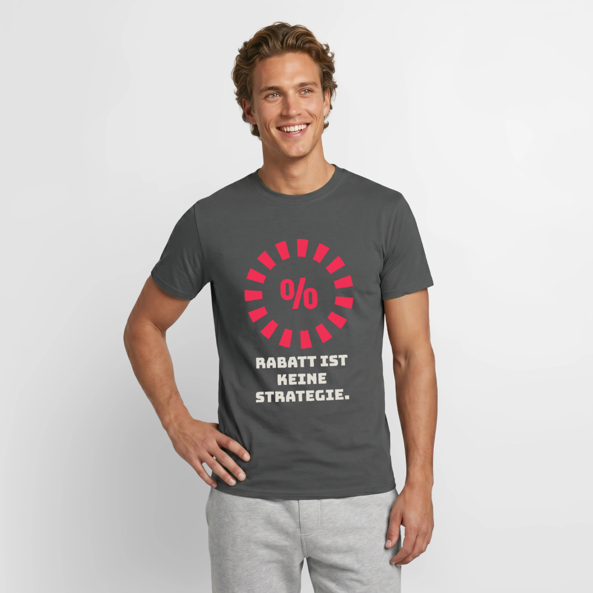 "Rabatt ist keine Strategie." Motiv-T-Shirt für Männer, Farbe Anthrazit