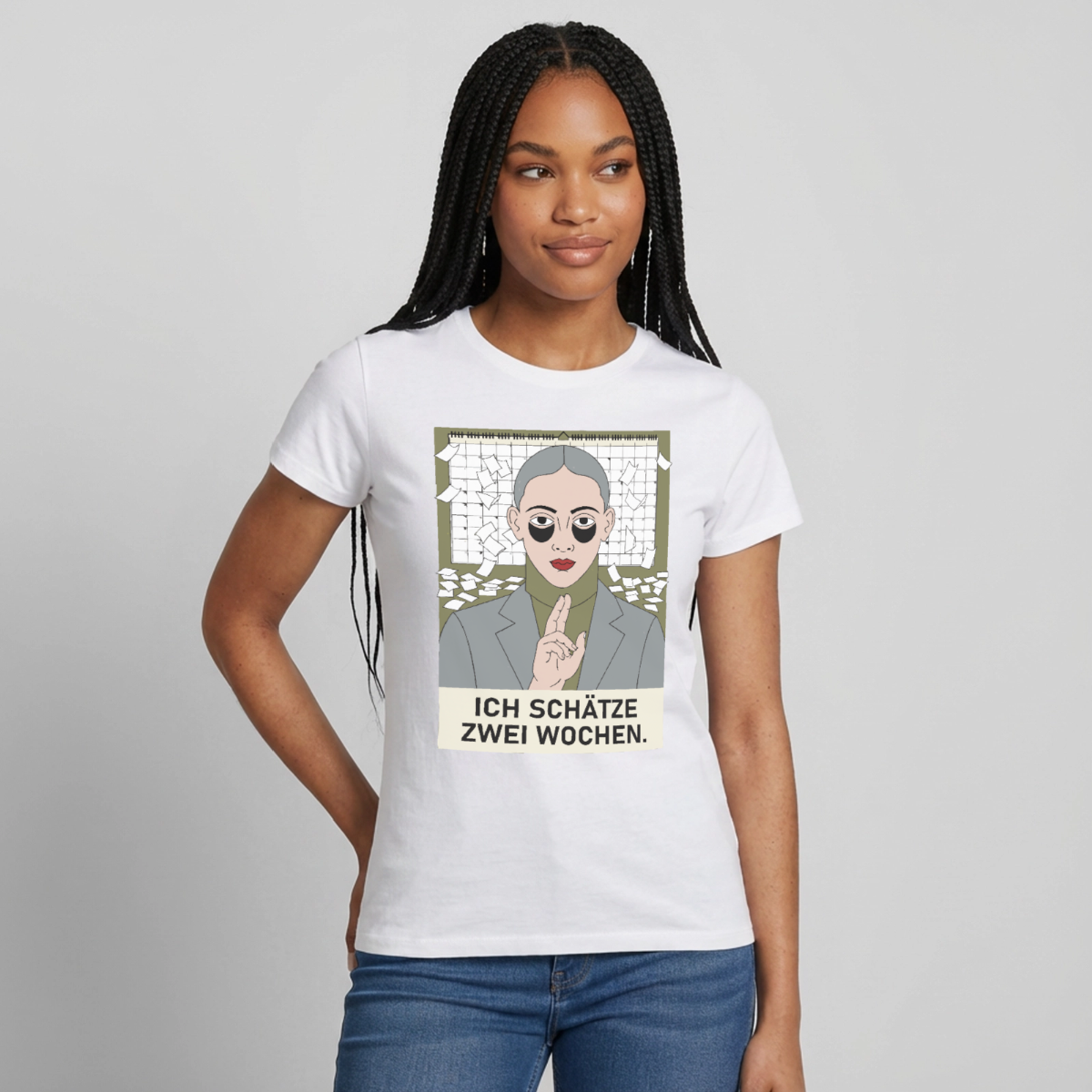 Ich schätze zwei Wochen. Porträt-Motiv Motiv-T-Shirt für Frauen, Farbe Weiß, Model