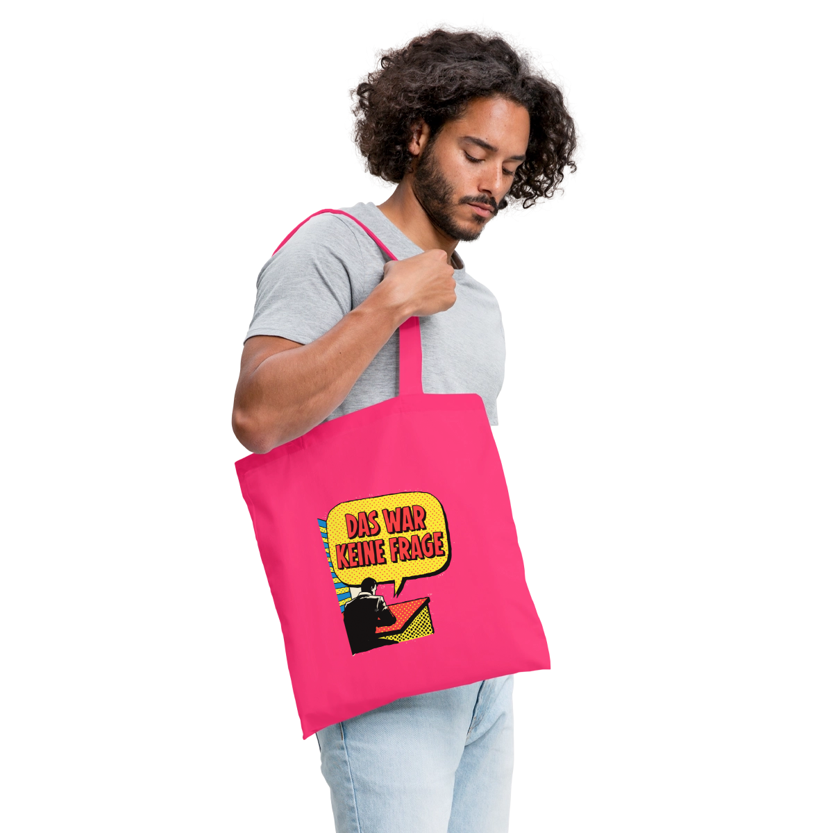"Das war keine Frage. Popart-Motiv" Stoffbeutel, Farbe Azalea, Model